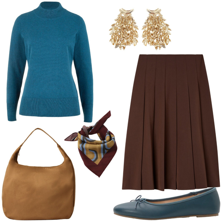 Outfit donna - Tocco ottanio. Stile Chic per Ufficio. Abbinamento con maglieria, ballerine, gonne lunghe, borse a mano, orecchini, foulard.
