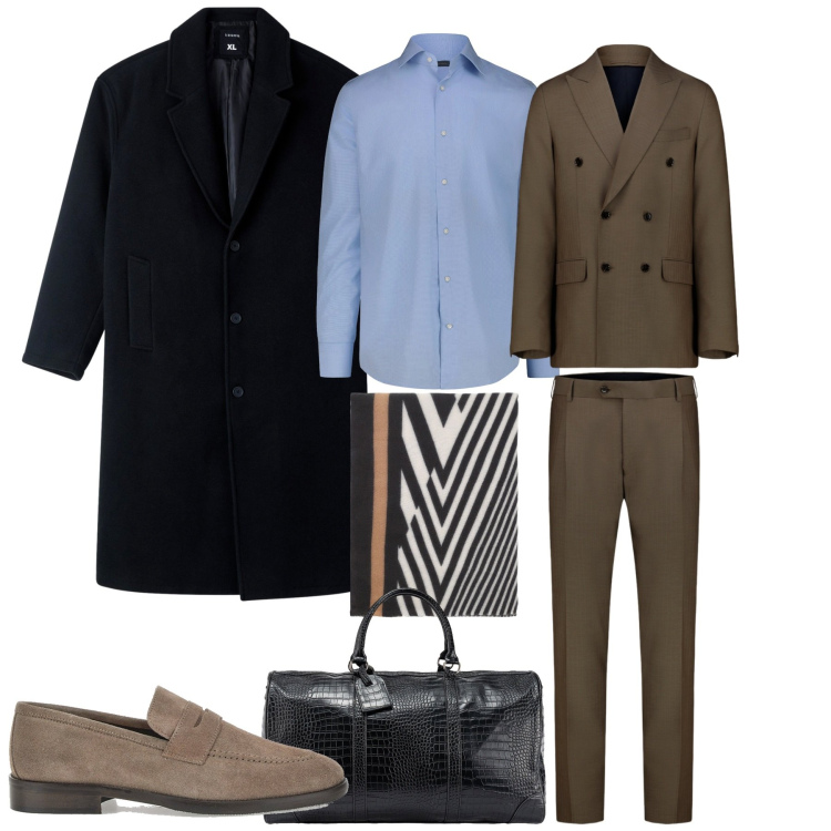 Outfit uomo - Business. Stile Business/Elegante per Tutti i giorni. Abbinamento con cappotti, sciarpe, scarpe stringate, abiti, camicie, borse sportive.