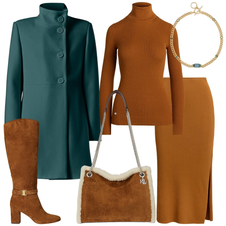 Outfit donna - Total look #2257620. Stile Casual chic per Tutti i giorni. Abbinamento con cappotti, gonne, stivali, borse tote, maglieria, collane.