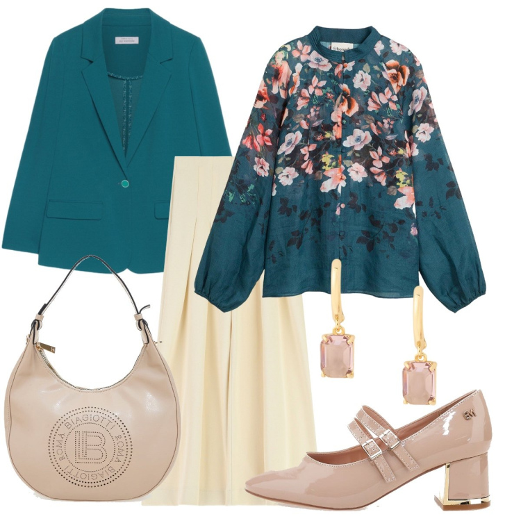 Outfit donna - Color ottanio. Stile Chic per Cerimonia. Abbinamento con bluse, pantaloni a palazzo, orecchini, blazer, décolleté, borse a spalla.