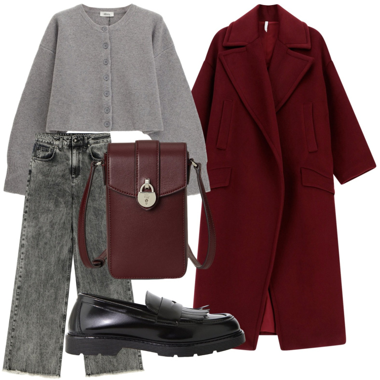 Outfit donna - Bordeaux autunnale. Stile Casual chic per Tutti i giorni. Abbinamento con cappotti, cardigans, jeans, mocassini, borse a tracolla.