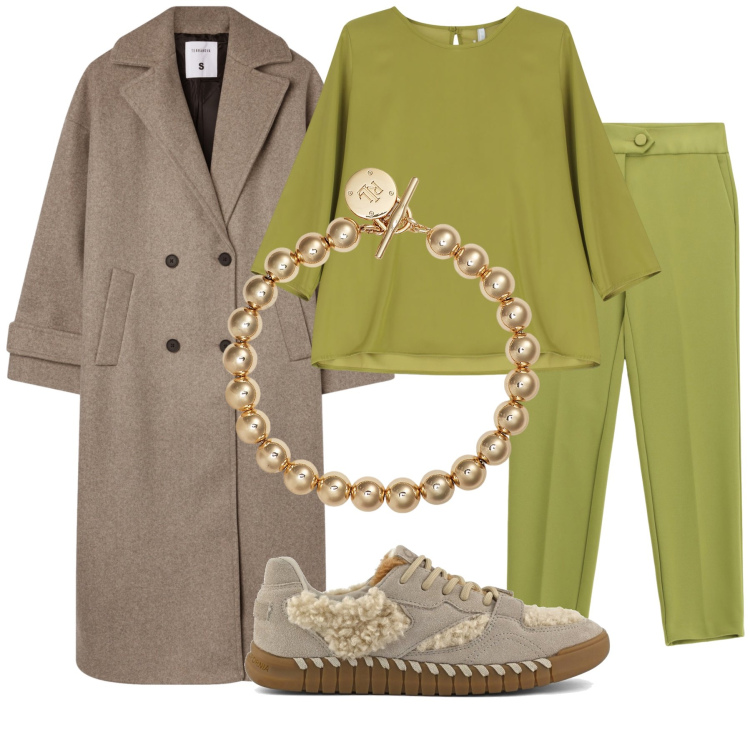 Outfit donna - Total look #2257623. Stile Casual chic per Tutti i giorni. Abbinamento con cappotti, pantaloni, bluse, braccialetti, sneakers.