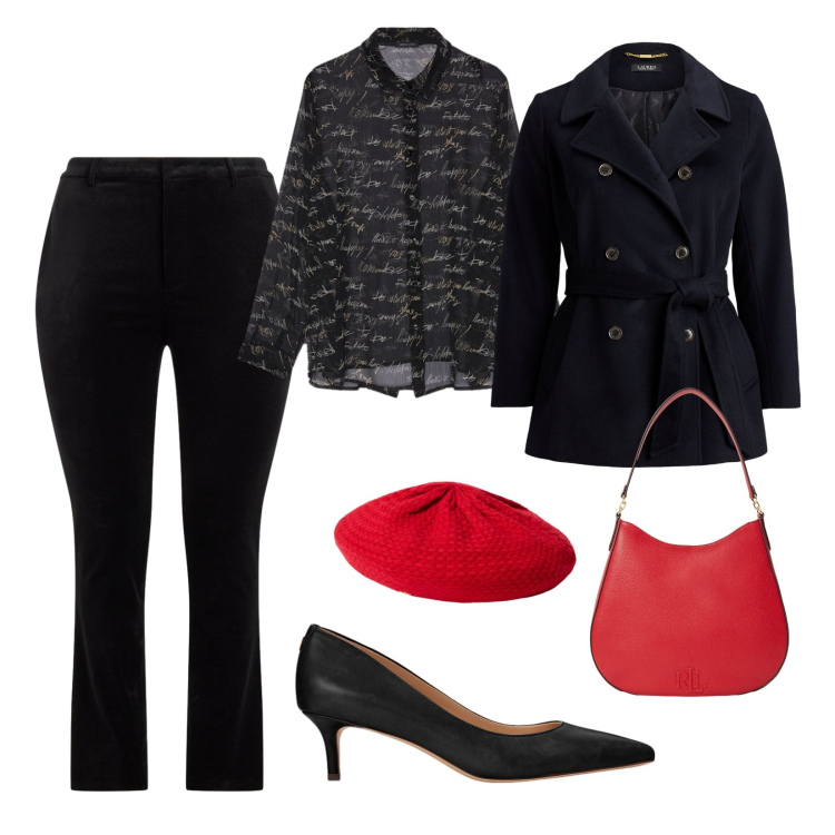 Outfit donna - Accessori rossi!. Stile Vintage retrò per Ufficio. Abbinamento con décolleté, pantaloni, cappotti, berretti, borse a spalla, camicie.