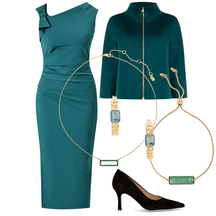 Outfit donna - Ottanio power. Stile Chic per Serata fuori. Abbinamento con cappe, vestiti a tubino, braccialetti, collane, orecchini, décolleté.