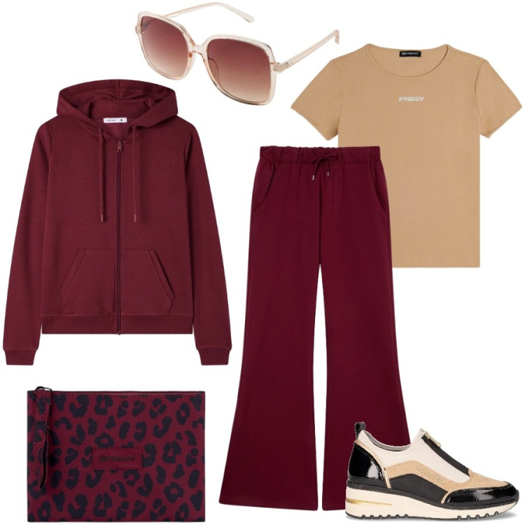 Outfit donna - Rosso vino per autunno. Stile Sporty chic per Tutti i giorni. Abbinamento con occhiali da sole, pantaloni, felpe con cappuccio, t-shirt, clutch, sneakers alte.