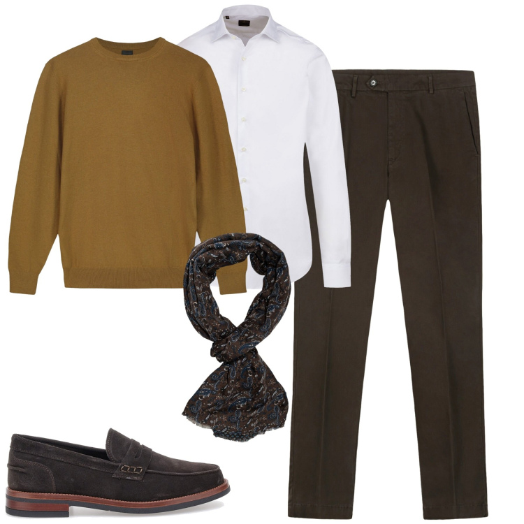 Outfit uomo - In ufficio. Stile Business/Elegante per Ufficio. Abbinamento con camicie, pantaloni chino, sciarpe, maglieria, scarpe stringate.