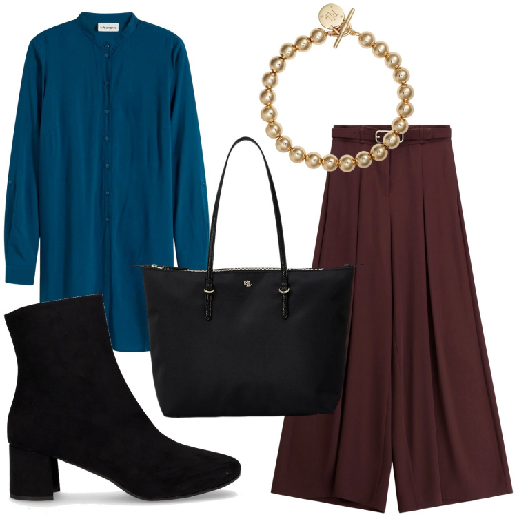 Outfit donna - Chemisier ottanio. Stile Chic Abbinamento con camicie, pantaloni, borse tote, braccialetti, stivaletti.