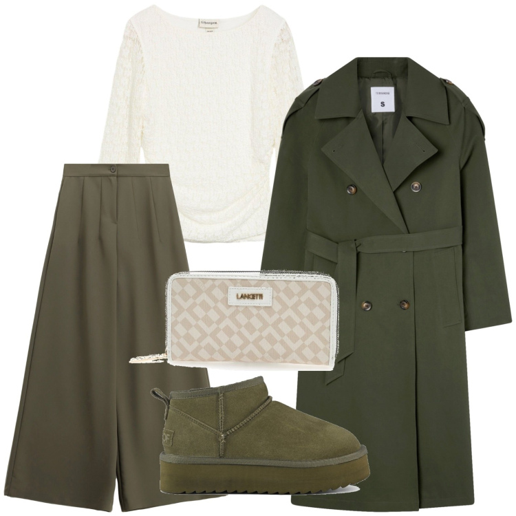 Outfit donna - Primi freddi. Stile Military per Tutti i giorni. Abbinamento con maglieria, trench, pantaloni a palazzo, stivaletti, portafogli.