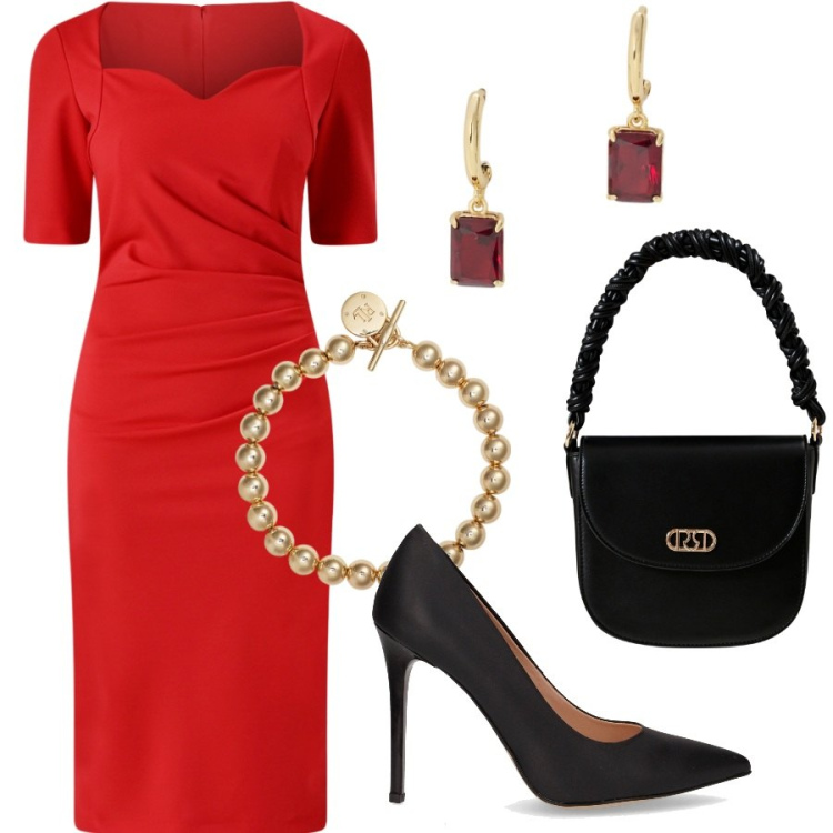 Outfit donna - L\' abito rosso. Stile Chic per Serata fuori. Abbinamento con vestiti a tubino, borse a mano, braccialetti, orecchini, décolleté.