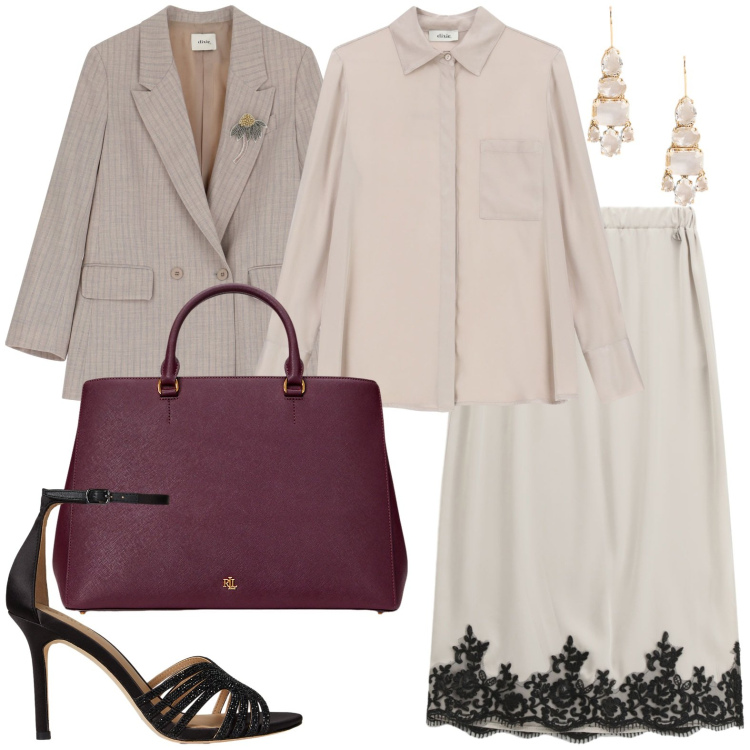 Outfit donna - Viola e...... pizzo. Stile Glamour per Serata fuori. Abbinamento con blazer, camicie, gonne, borse a mano, orecchini, sandali gioiello.