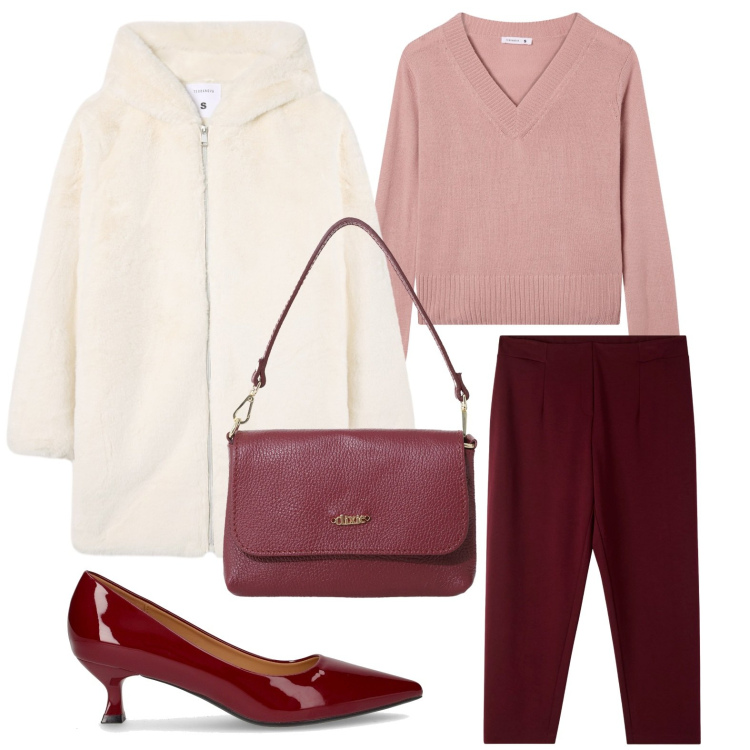 Outfit donna - Bordeaux chic. Stile Chic per Serata fuori. Abbinamento con cappotti, pantaloni chino, maglieria, borse a tracolla, décolleté.