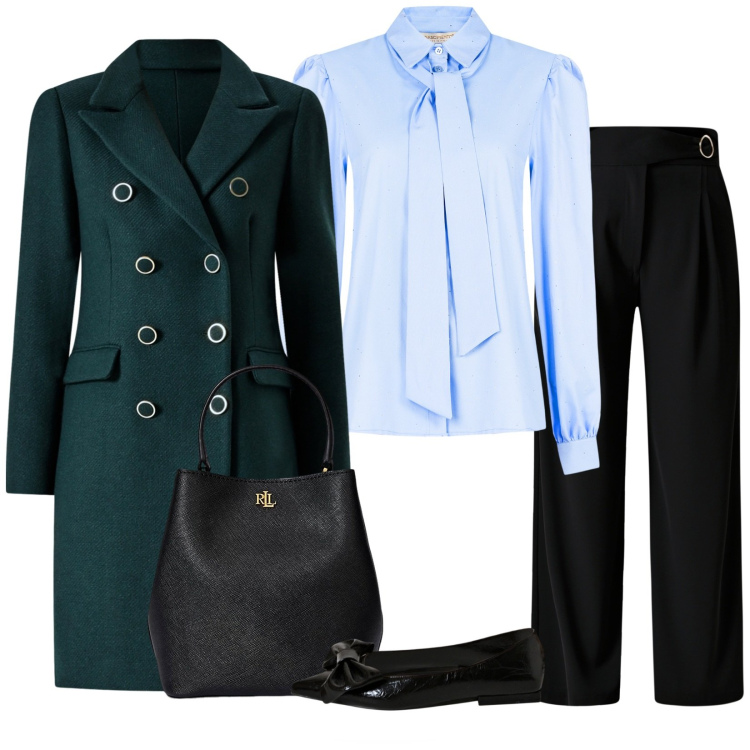 Outfit donna - Dal mattino alla sera. Stile Casual chic per Ufficio. Abbinamento con pantaloni a palazzo, cappotti, camicie, ballerine, borse a secchiello.