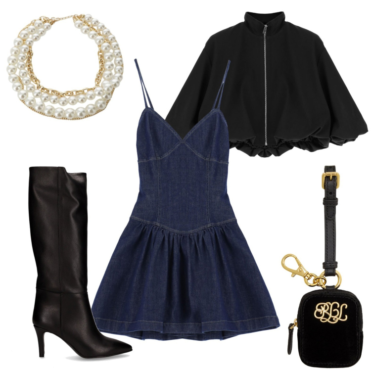 Outfit donna - Dress in jeans. Stile Glamour per Serata fuori. Abbinamento con vestiti corti, bomber, collane, pochette, stivali.