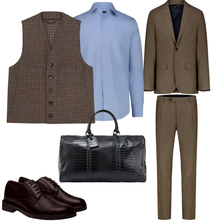 Outfit uomo - Business in movimento. Stile Business/Elegante per Tutti i giorni. Abbinamento con scarpe stringate, gilet, camicie, borse sportive, abiti.
