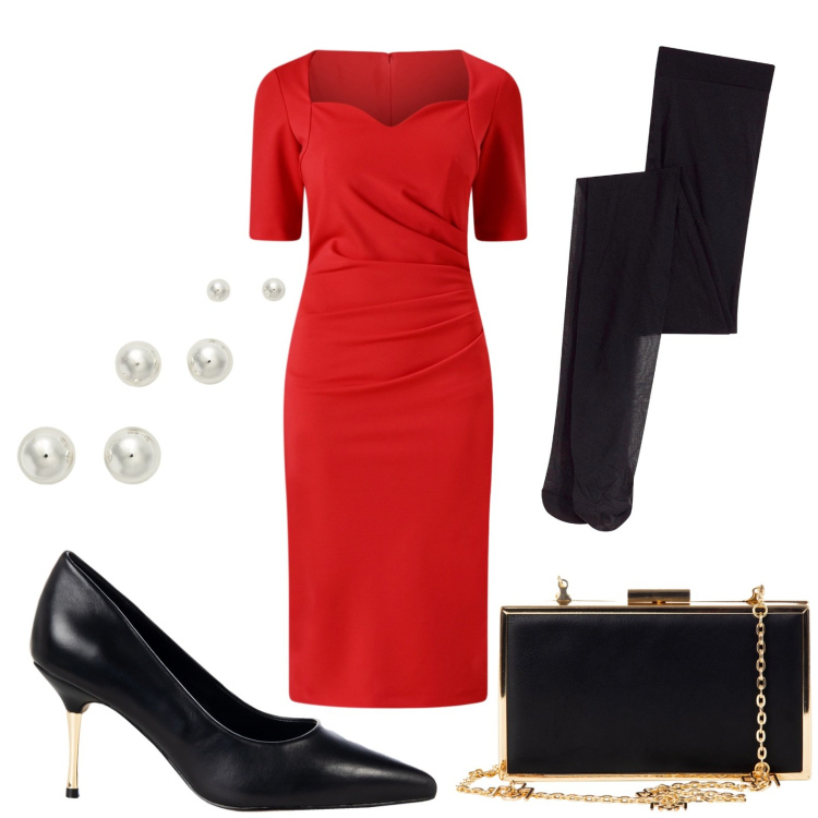 Outfit donna - Dress red. Stile Sexy per Serata fuori. Abbinamento con collant, décolleté, pochette, vestiti a tubino, orecchini.