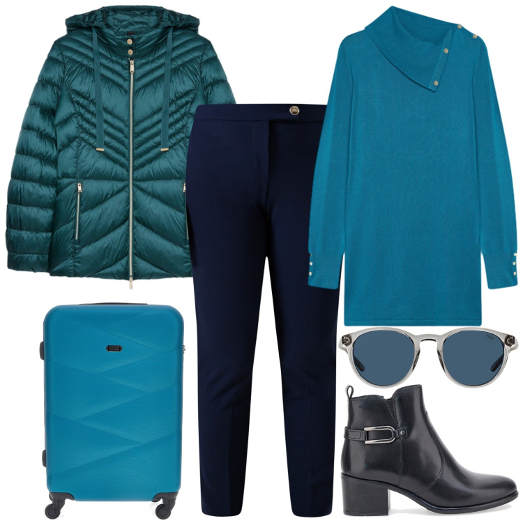 Outfit donna - Ottanio power. Stile Urban per Tutti i giorni. Abbinamento con pantaloni skinny, occhiali da sole, stivaletti, maglieria, piumini, valigie.