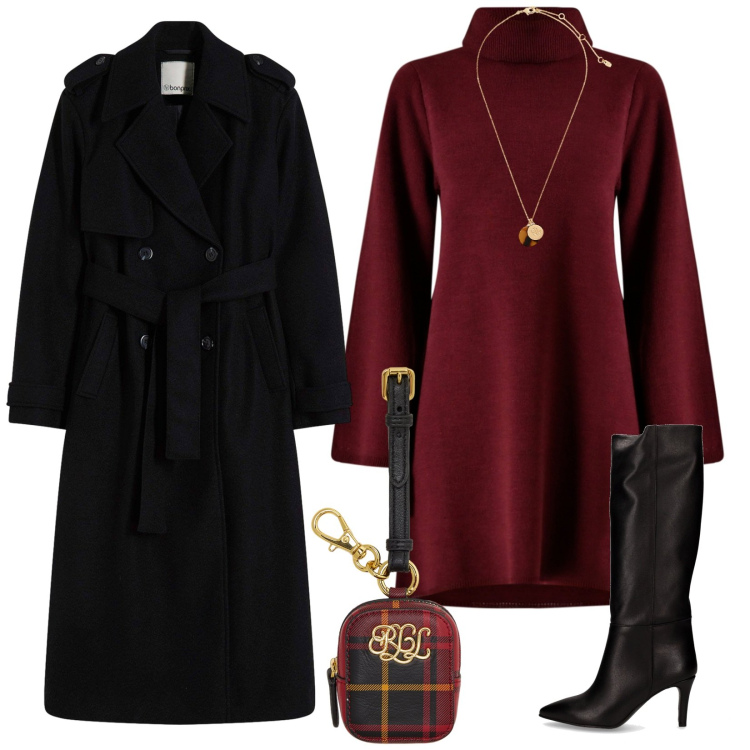 Outfit donna - Total look #2257650. Stile Chic per Serata fuori. Abbinamento con trench, vestiti corti, collane, pochette, stivali.