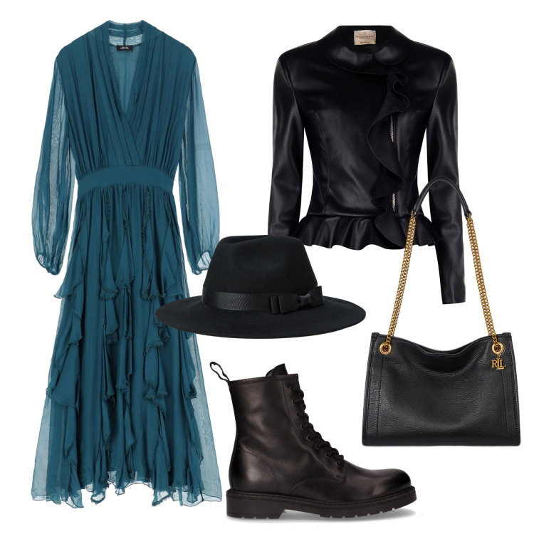 Outfit donna - Ottanio e nero city in trend. Stile Trendy per Tutti i giorni. Abbinamento con blazer, vestiti midi/longuette, cappelli, borse tote, anfibi.