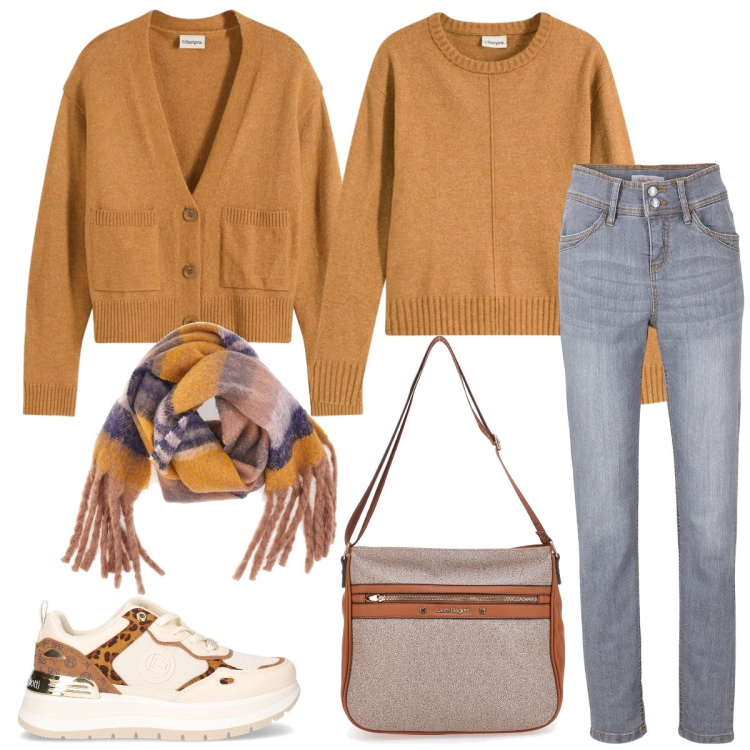 Outfit donna - Università. Stile Casual per Scuola/Università. Abbinamento con cardigans, jeans slim fit, maglieria, sciarpe, borse a tracolla, sneakers.