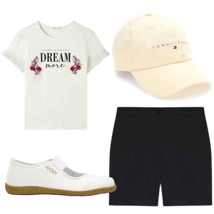 Outfit donna - Passeggiata in bici. Stile Basic per Tutti i giorni. Abbinamento con ballerine, t-shirt, cappelli, pantaloni corti.