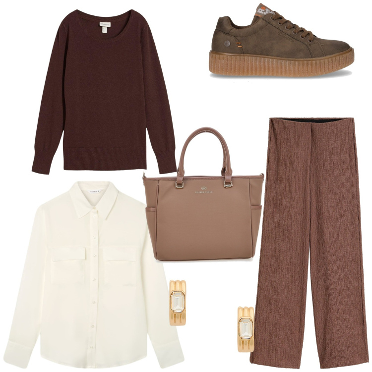 Outfit donna - Elevated casual. Stile Casual per Tutti i giorni. Abbinamento con pantaloni, maglieria, camicie, orecchini, borse a tracolla, sneakers.