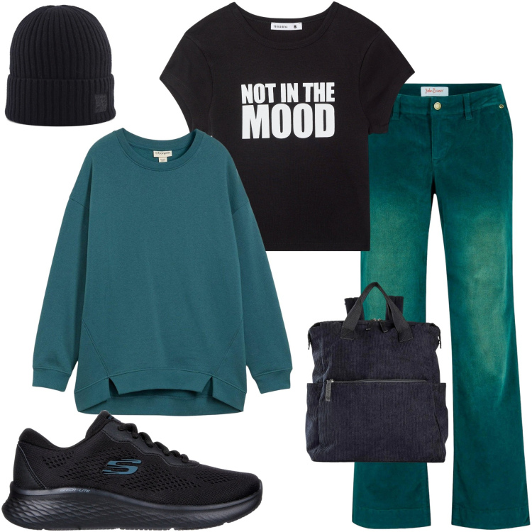 Outfit donna - Ottanio Power. Stile Casual per Scuola/Università. Abbinamento con pantaloni, felpe, zaini, t-shirt, berretti, sneakers.