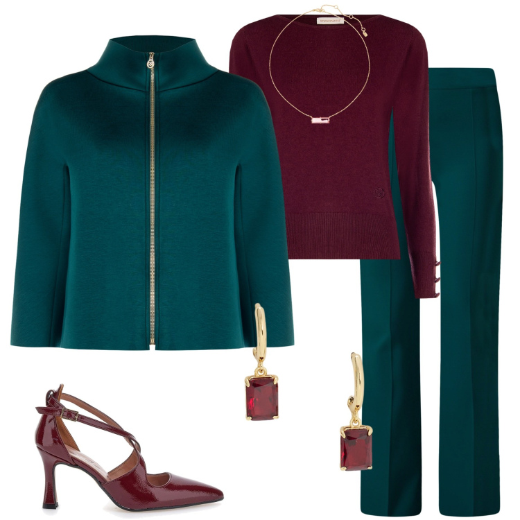 Outfit donna - Ottanio Power. Stile Casual chic per Serata fuori. Abbinamento con cappe, maglieria, pantaloni a palazzo, collane, orecchini, décolleté.