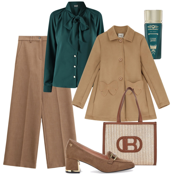 Outfit donna - Ottanio e cammello in ufficio. Stile Glamour per Ufficio. Abbinamento con profumi, bluse, pantaloni, cappotti, borse a spalla, mocassini.