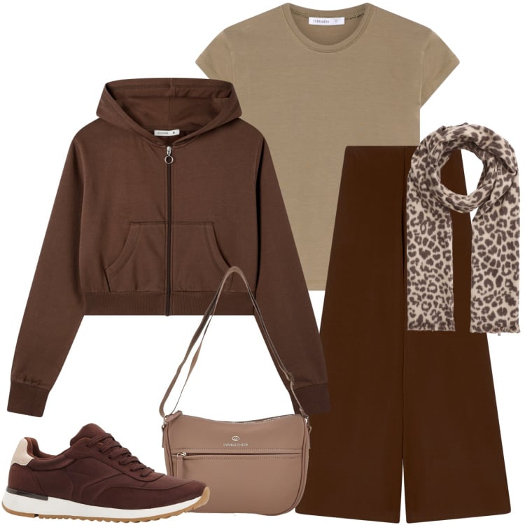 Outfit donna - Caffè con le amiche. Stile Casual per Tutti i giorni. Abbinamento con sneakers, felpe con cappuccio, pantaloni, sciarpe, t-shirt, borse a tracolla.