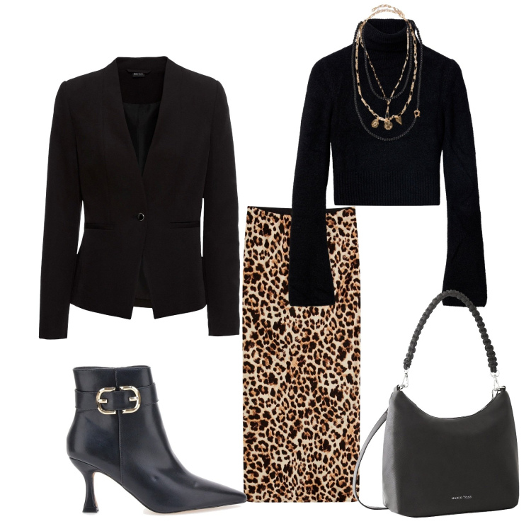 Outfit donna - Total look #2257667. Stile Chic per Serata fuori. Abbinamento con gonne longuette, blazer, borse a mano, maglieria, stivaletti, collane.