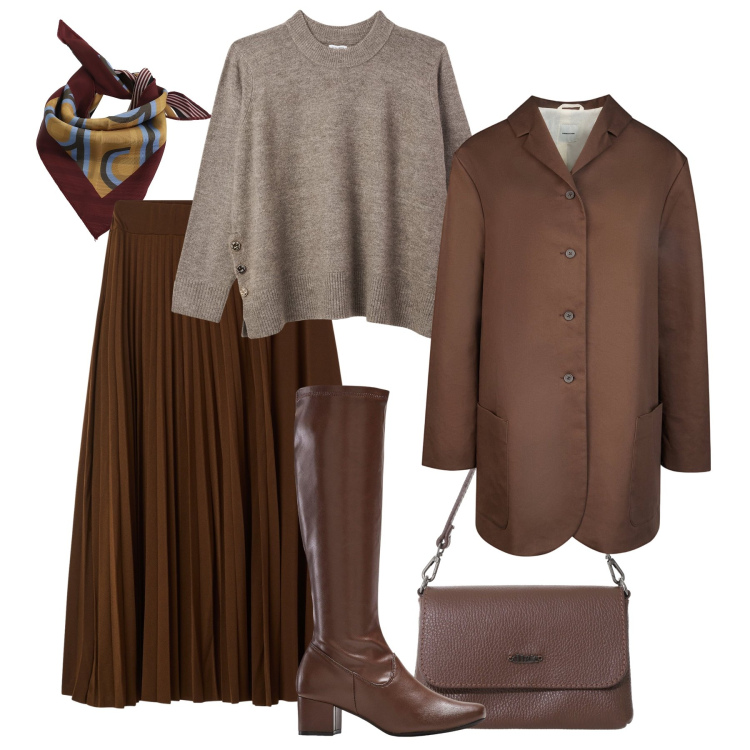 Outfit donna - Maglione over e gonna lunga plissé. Stile Urban per Tutti i giorni. Abbinamento con stivali, gonne lunghe, maglieria, borse a tracolla, foulard, trench.