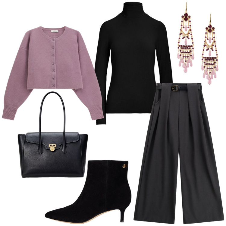 Outfit donna - Total look #2257671. Stile Bon Ton per Ufficio. Abbinamento con pantaloni a palazzo, cardigans, top, borse a mano, stivaletti, orecchini.