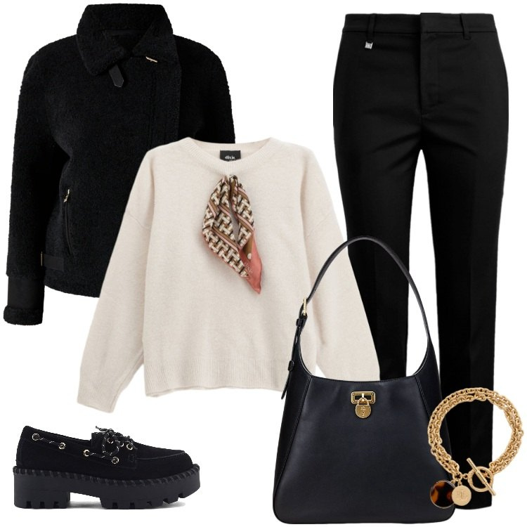 Outfit donna - Total look #2257672. Stile Casual per Ufficio. Abbinamento con ecopellicce, maglieria, braccialetti con ciondoli, borse a spalla, pantaloni, mocassini.