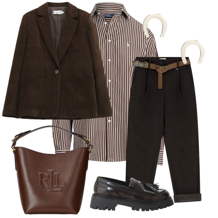Outfit donna - La camicia a righe. Stile Casual chic per Ufficio. Abbinamento con blazer, mocassini, pantaloni, orecchini, borse a secchiello, camicie.