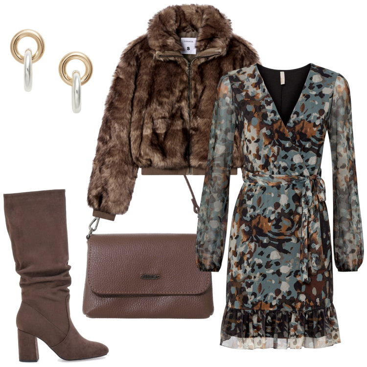 Outfit donna - Gonna & stivali. Stile Casual per Tutti i giorni. Abbinamento con vestiti corti, ecopellicce, borse a tracolla, orecchini, stivali sopra il ginocchio.