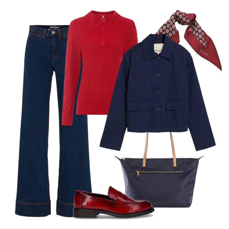 Outfit donna - Look pratico rosso & blu. Stile Urban per Tutti i giorni. Abbinamento con jeans, maglieria, blazer, shopping bag, foulard, mocassini.