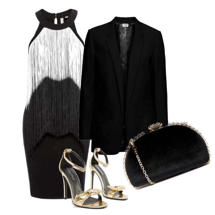Outfit donna - Sexy #120. Stile Sexy per Serata fuori. Abbinamento con borse a secchiello, blazer taglio dritto nero, sandali con fiocco e nodi collo aperto in denim effetto strappato, pochette con spalline e gancetto nero.