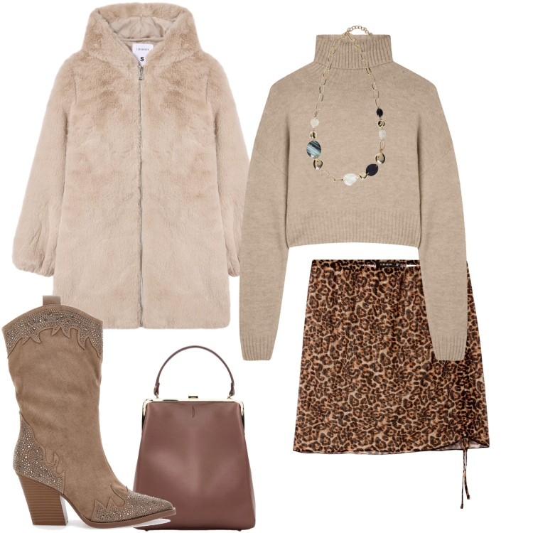 Outfit donna - Gonna & stivali. Stile Sporty chic per Tutti i giorni. Abbinamento con minigonne, maglieria, cappotti, stivali, borse a spalla, collane.