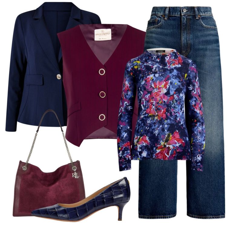 Outfit donna - Il gilet colore bordeaux. Stile Casual chic per Serata fuori. Abbinamento con gilet, blazer, décolleté, jeans, borse tote, maglieria.
