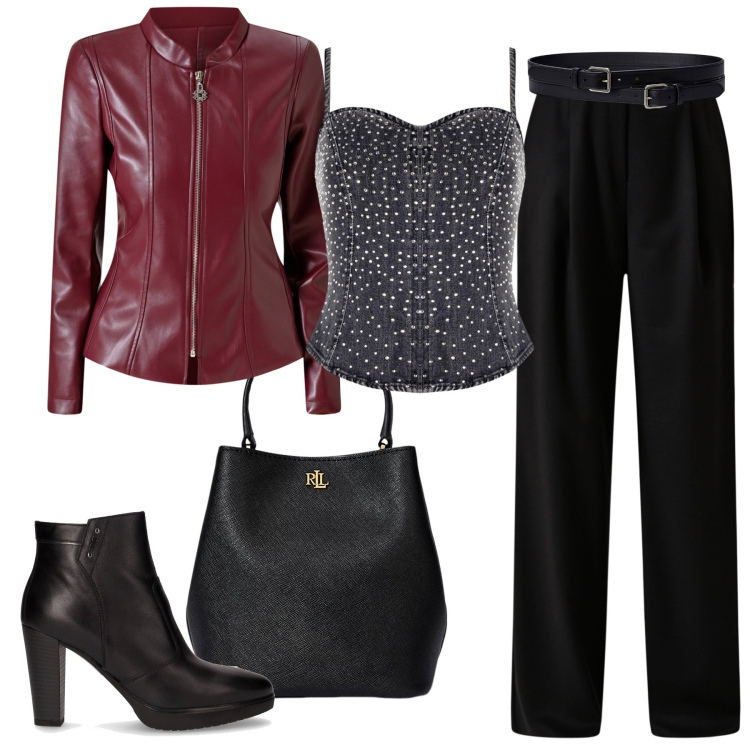 Outfit donna - Serata tra amici. Stile Casual chic per Serata fuori. Abbinamento con blazer, top, pantaloni, borse a secchiello, cinture, stivaletti.
