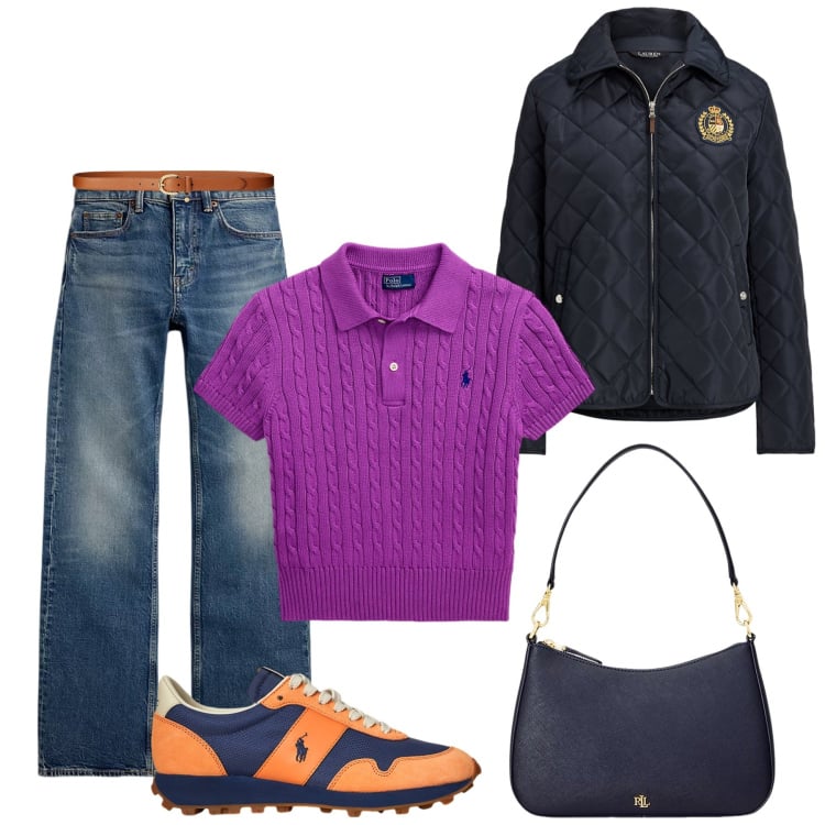 Outfit donna - Weekend tra amici. Stile Sporty chic per Tutti i giorni. Abbinamento con cinture, jeans bootcut, polo, giacche, sneakers, borse a spalla.