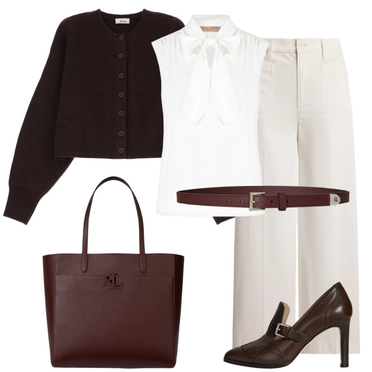 Outfit donna - Minimalismo Caldo: Il Fascino del Bianco. Stile Bon Ton per Tutti i giorni. Abbinamento con top, cardigans, décolleté, cinture, borse tote, pantaloni.