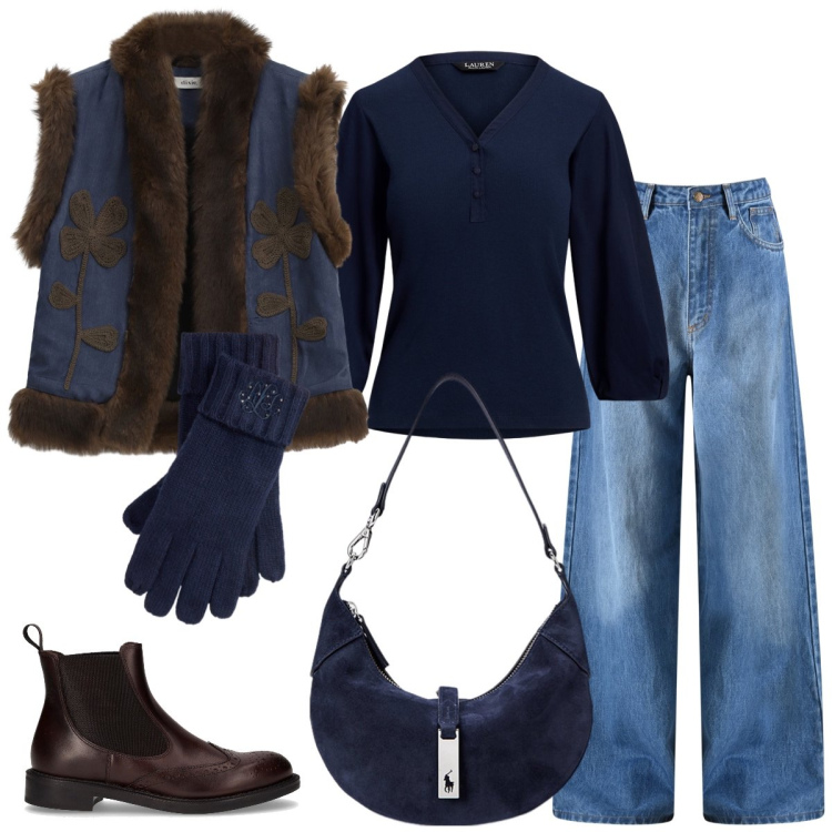 Outfit donna - Tempo libero. Stile Casual chic per Tutti i giorni. Abbinamento con jeans, gilet, borse a spalla, maglieria, guanti, stivaletti chelsea.