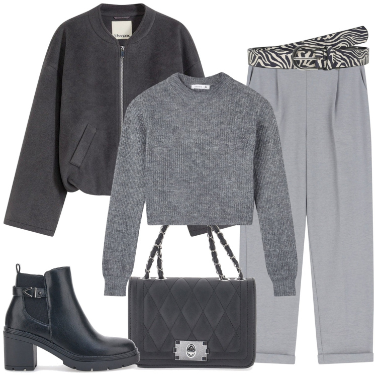 Outfit donna - Inizia il freddo. Stile Casual per Tutti i giorni. Abbinamento con bomber, maglieria, cinture, pantaloni, borse a tracolla, stivaletti.