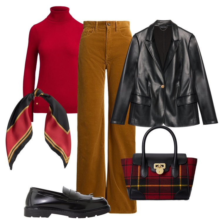 Outfit donna - Dettagli rossi H24. Stile Trendy per Tutti i giorni. Abbinamento con mocassini, maglieria, pantaloni, borse a mano, foulard, blazer.