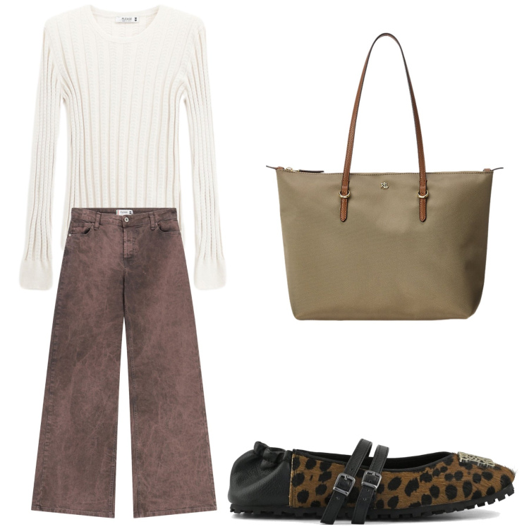 Outfit donna - Aperitivo. Stile Trendy per Tutti i giorni. Abbinamento con pullovers, pantaloni a palazzo, borse tote, ballerine.