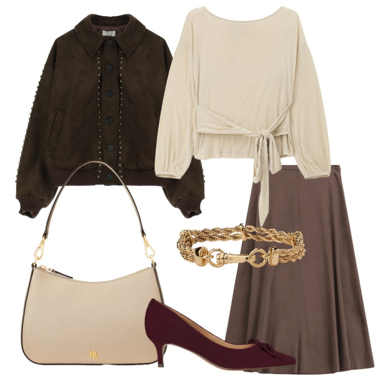 Outfit donna - Essenziale & Cool. Stile Casual chic per Serata fuori. Abbinamento con gonne longuette, bomber, top, borse a spalla, décolleté, braccialetti.