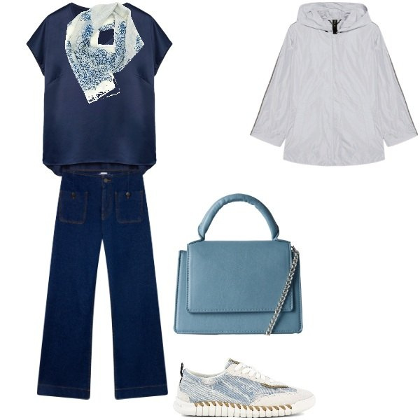 Outfit donna - Tempo libero. Stile Basic per Tutti i giorni. Abbinamento con jeans, borse a tracolla, sneakers, bluse, foulard, parka.