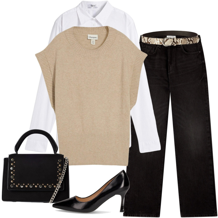 Outfit donna - Total look #2257702. Stile Casual per Ufficio. Abbinamento con camicie, maglieria, borse a tracolla, cinture, jeans dritti, décolleté.