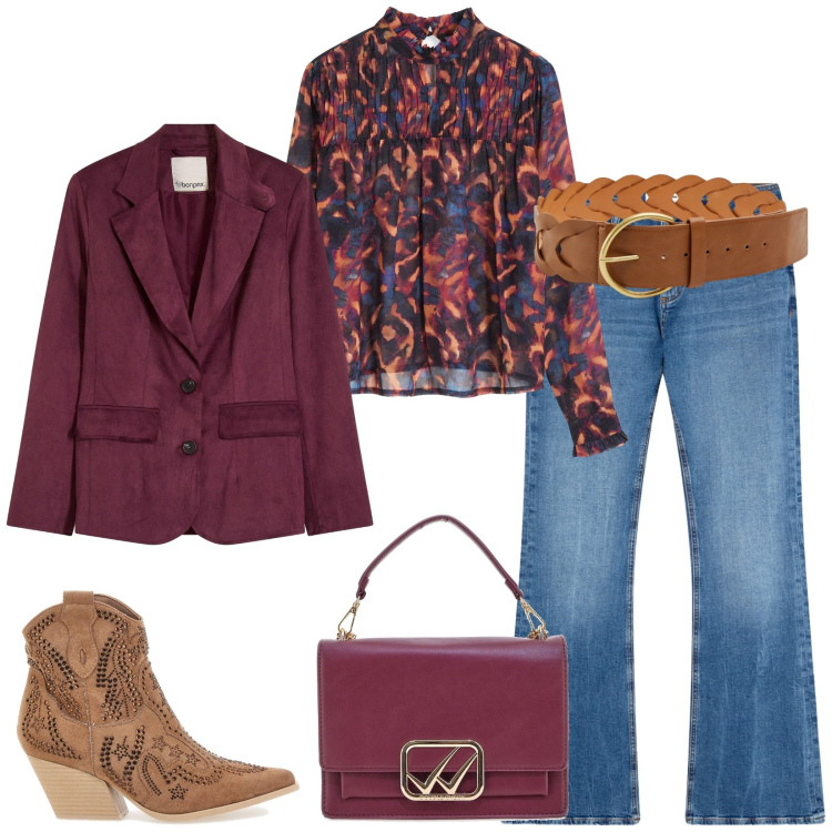 Outfit donna - Total look #2257704. Stile Chic per Tutti i giorni. Abbinamento con blazer, bluse, cinture, jeans a zampa, stivaletti texani, borse a tracolla.
